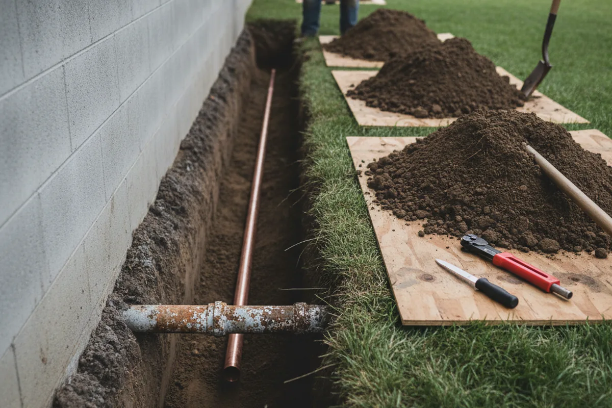 Excavated water line trench during Water Softener Installation in Paloma